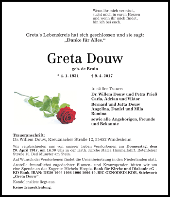 Traueranzeige von Greta Douw von Trauerportal Rhein Main Presse