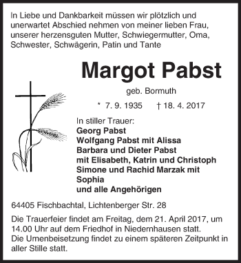 Traueranzeige von Margot Pabst von Trauerportal Echo Online