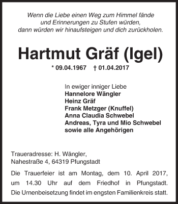 Traueranzeige von Hartmut Gräf von Trauerportal Echo Online
