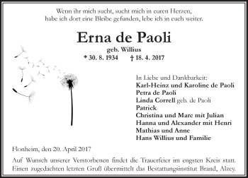 Traueranzeige von Erna de Paoli von Trauerportal Rhein Main Presse