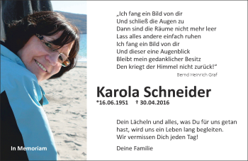Traueranzeige von Karola Schneider von Trauerportal Echo Online