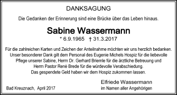 Traueranzeige von Sabine Wassermann von Trauerportal Rhein Main Presse