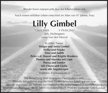 Traueranzeige von Lilly Gimbel von Trauerportal Rhein Main Presse