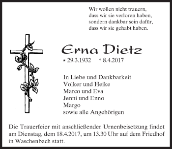 Traueranzeige von Cella Dietz von Trauerportal Echo Online