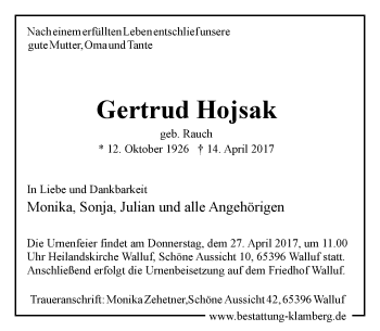 Traueranzeige von Gertrud Hojsak von Trauerportal Rhein Main Presse