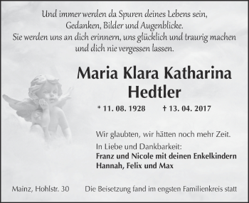 Traueranzeige von Maria Klara Katharina Hedtler von Trauerportal Rhein Main Presse
