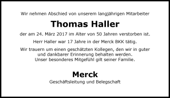 Traueranzeige von Thomas Haller von Trauerportal Echo Online