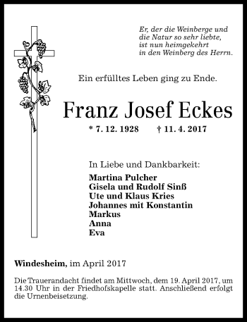 Traueranzeige von Franz Josef Eckes von Trauerportal Rhein Main Presse