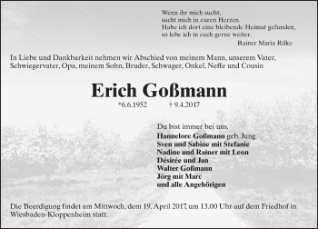 Traueranzeige von Erich Goßmann von Trauerportal Rhein Main Presse