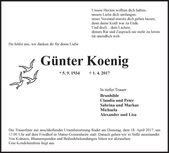 Traueranzeige von Günter Koenig von Trauerportal Rhein Main Presse