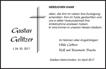 Traueranzeige von Gustav Gelitzer von  Gießener Anzeiger