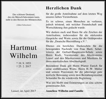 Traueranzeige von Hartmut Wilhelm von VRM Trauer
