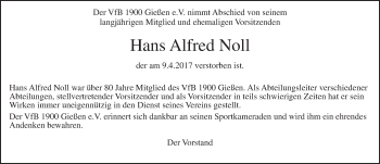 Traueranzeige von Hans Alfred Noll von  Gießener Anzeiger
