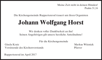 Traueranzeige von Johann Wolfgang Horst von  Gießener Anzeiger