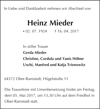 Traueranzeige von Heinz Mieder von Trauerportal Echo Online