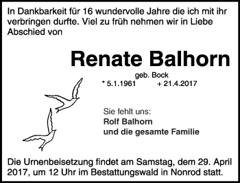 Traueranzeige von Renate Balhorn von Trauerportal Echo Online