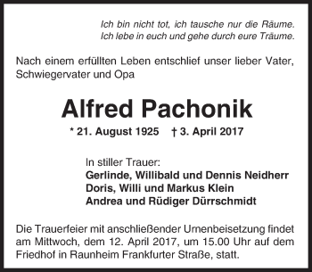 Traueranzeige von Alfred Pachonik von Trauerportal Rhein Main Presse