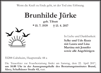 Traueranzeige von Brunhilde Jürke von Trauerportal Rhein Main Presse