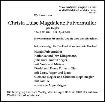 Traueranzeige von Christa Luise Magdalene Pulvermüller von Trauerportal Rhein Main Presse