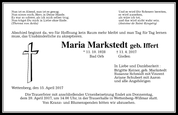 Traueranzeige von Maria Markstedt von  Gießener Anzeiger