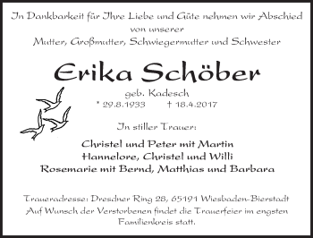 Traueranzeige von Erika Schöber von Trauerportal Rhein Main Presse