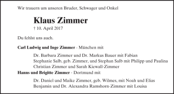 Traueranzeige von Klaus Zimmer von Trauerportal Echo Online