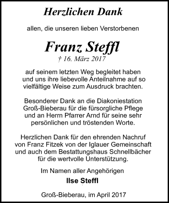 Traueranzeige von Franz Steffl von Trauerportal Echo Online