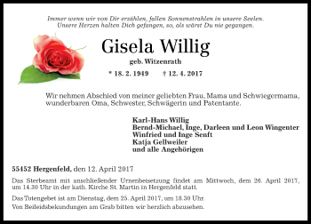 Traueranzeige von Gisela Willig von Trauerportal Rhein Main Presse