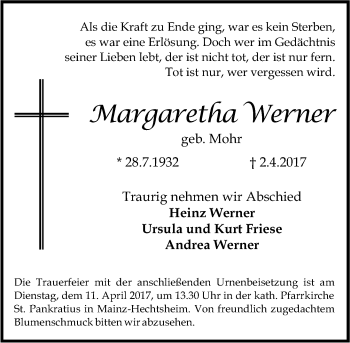 Traueranzeige von Margaretha Werner von Trauerportal Rhein Main Presse
