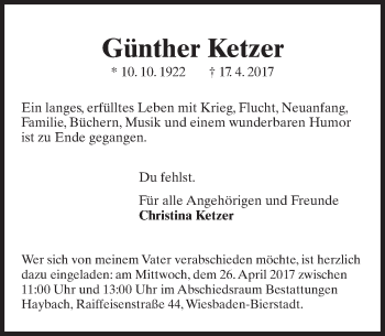 Traueranzeige von Günther Ketzer von Trauerportal Rhein Main Presse