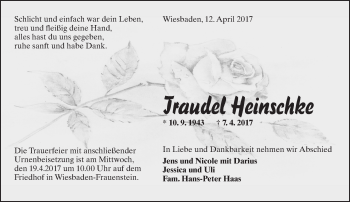 Traueranzeige von Traudel Heinschke von Trauerportal Rhein Main Presse