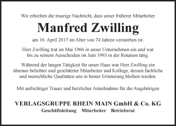 Traueranzeige von Manfred Zwilling von Trauerportal Rhein Main Presse