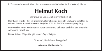 Traueranzeige von Helmut Koch von Trauerportal Rhein Main Presse