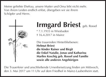 Traueranzeige von Irmgard Briest von Trauerportal Rhein Main Presse