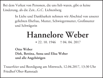 Traueranzeige von Hannelore Weber von Trauerportal Echo Online