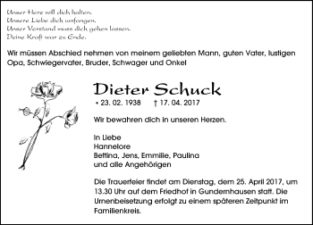 Traueranzeige von Dieter Schuck von Trauerportal Echo Online