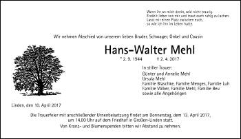 Traueranzeige von Hans-Walter Mehl von  Gießener Anzeiger