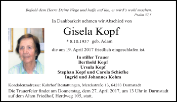 Traueranzeige von Gisela Kopf von Trauerportal Echo Online