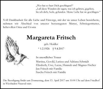 Traueranzeige von Margareta Fritsch von Trauerportal Rhein Main Presse