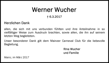 Traueranzeige von Werner Wucher von Trauerportal Rhein Main Presse