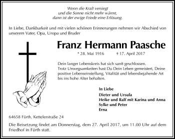 Traueranzeige von Franz Hermann Paasche von Trauerportal Echo Online