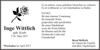 Traueranzeige von Inge Wittlich von Trauerportal Rhein Main Presse