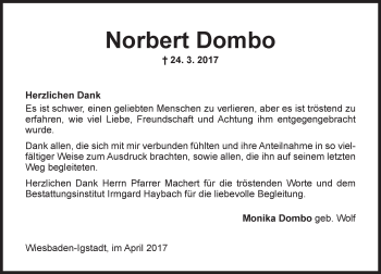 Traueranzeige von Norbert Dombo von Trauerportal Rhein Main Presse