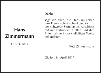 Traueranzeige von Hans Zimmermann von  Gießener Anzeiger