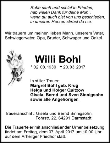 Traueranzeige von Willi Bohl von Trauerportal Echo Online