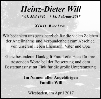 Traueranzeige von Heinz-Dieter Will von Trauerportal Rhein Main Presse Traueranzeige von Heinz-Dieter Will von Trauerportal Rhein Main Presse