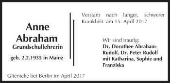 Traueranzeige von Anne Abraham von Trauerportal Rhein Main Presse