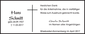 Traueranzeige von Hans Schmitt von Trauerportal Rhein Main Presse