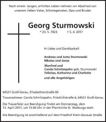 Traueranzeige von Georg Sturmowski von Trauerportal Echo Online