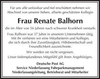 Traueranzeige von Renate Balhorn von Trauerportal Echo Online